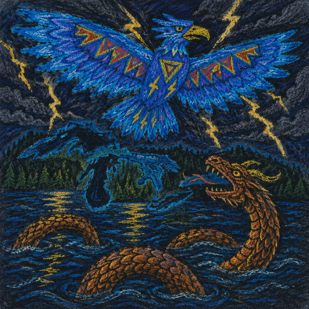 Crayon illustration for the Anishinaabe / Ojibwe telling of the Thunderbird