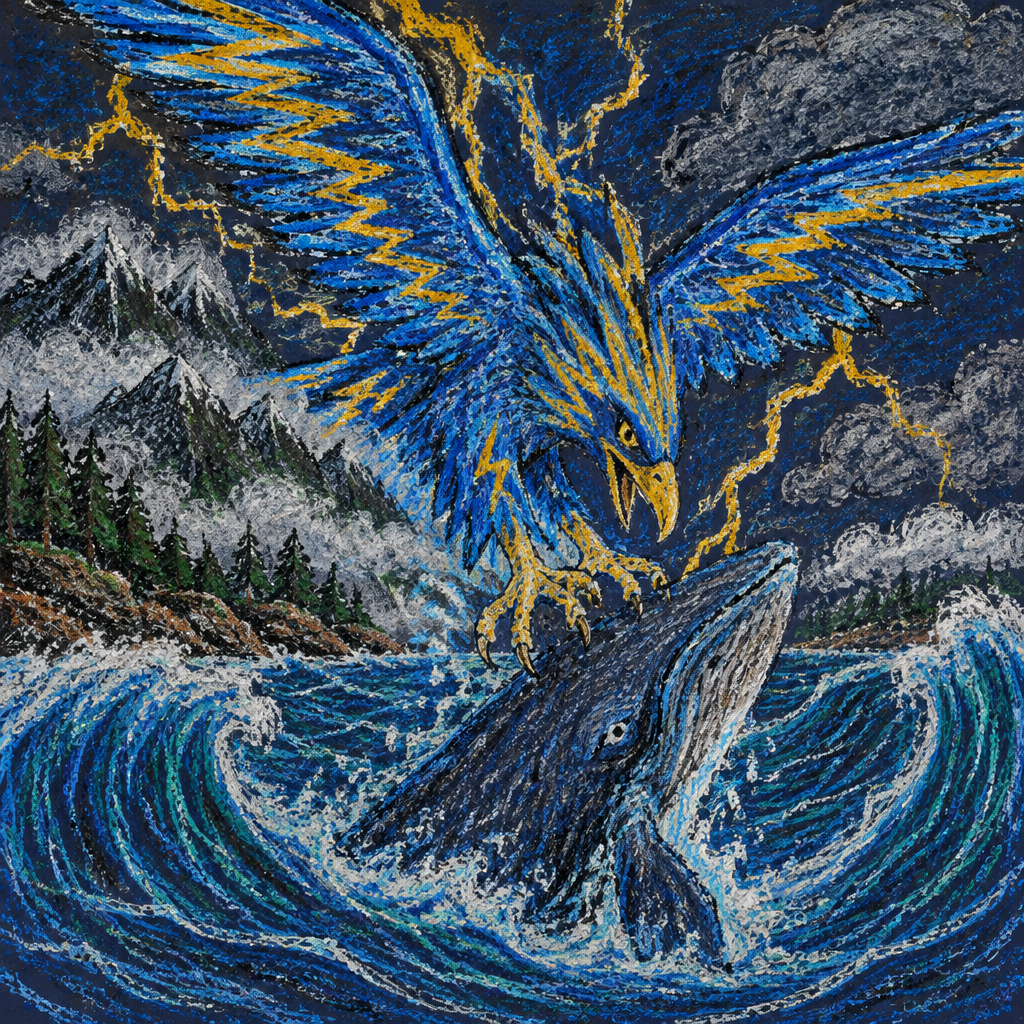 Crayon illustration for the Quileute & Hoh telling of the Thunderbird