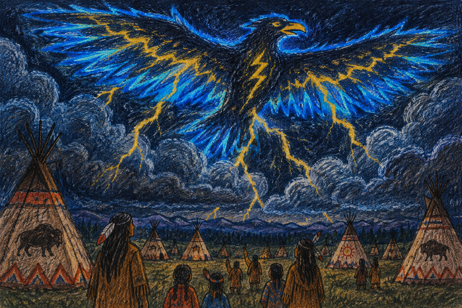The Thunderbird soaring over a plains village at night, lightning in its wings