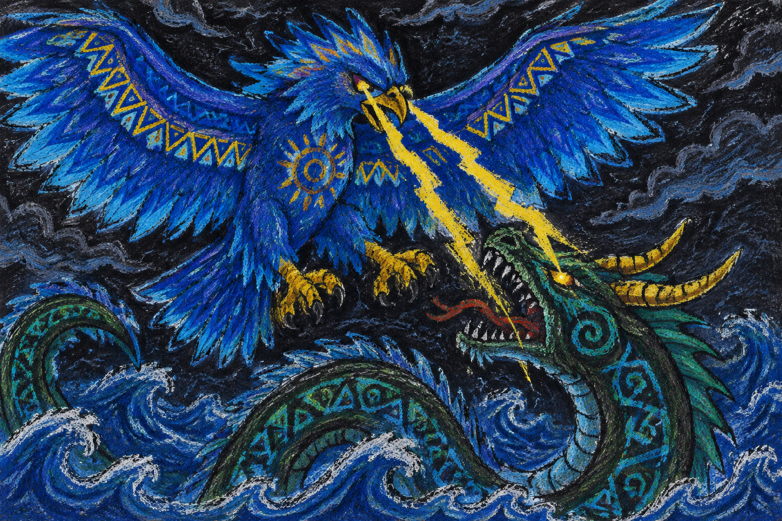 The Thunderbird battling the great horned serpent of the deep waters